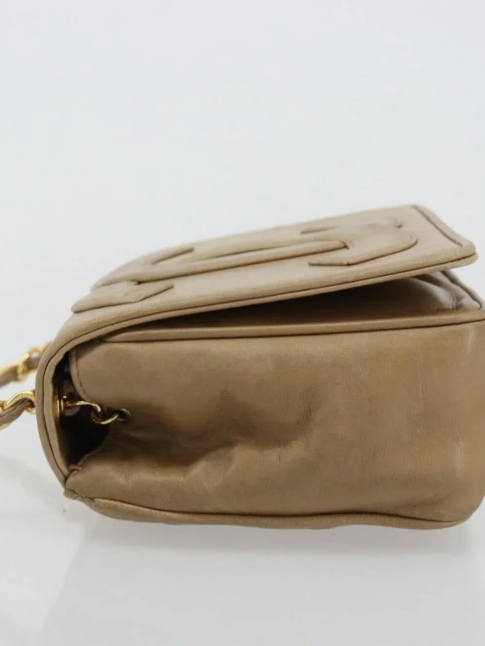 CHANEL Matelasse Chain Shoulder Bag Lamb Skin Beige Gold CC Auth ka4478V